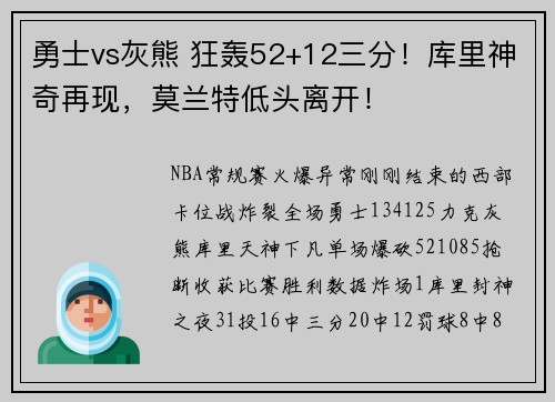 勇士vs灰熊 狂轰52+12三分！库里神奇再现，莫兰特低头离开！