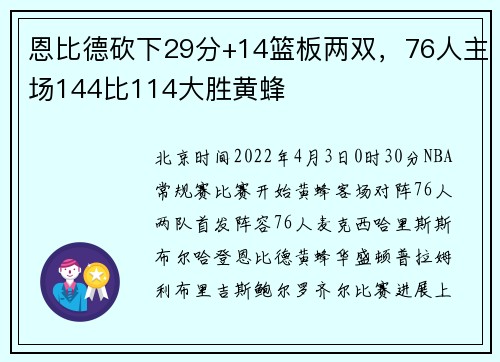 恩比德砍下29分+14篮板两双，76人主场144比114大胜黄蜂