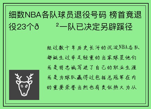 细数NBA各队球员退役号码 榜首竟退役23个😲一队已决定另辟蹊径