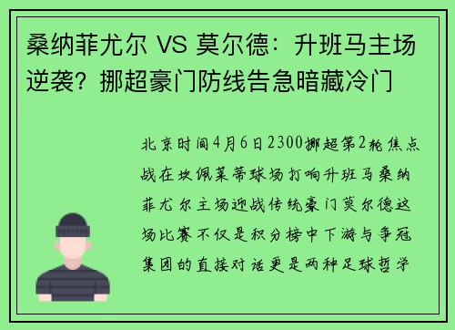 桑纳菲尤尔 VS 莫尔德：升班马主场逆袭？挪超豪门防线告急暗藏冷门